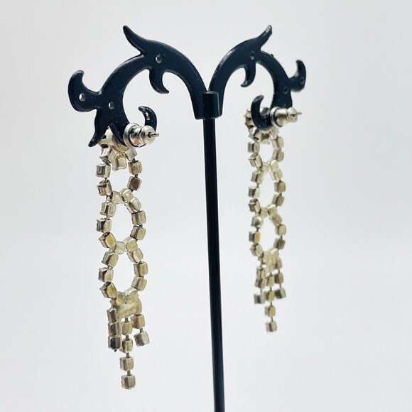 Vintage Triple Rhinestone Circle Earrings Silver Tone Glam Bling Sparkle Holiday - Picture 7 of 8